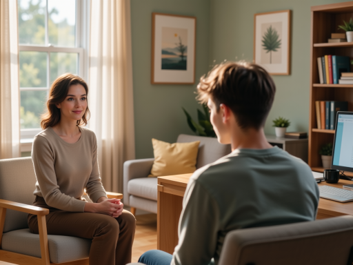 专业心理咨询师提供情感咨询服务，温暖的办公室环境，柔和的灯光，心理咨询师正在认真倾听客户诉说，体现专业和关怀